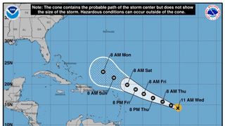 A map showing the projected path of Tropical Storm Lee.