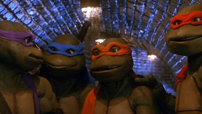 Donatello, Leonardo, Michelangelo, and Raphael standing in the sewer