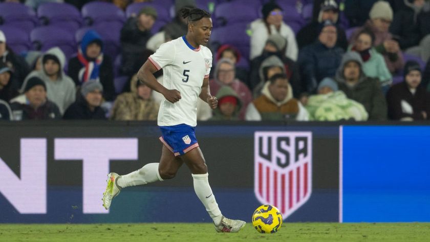 DeJuan Jones #5 of the USMNT dribbles the ball during an international friendly at Inter&amp;Co Stadium on January 22, 2025 in Orlando, Florida.