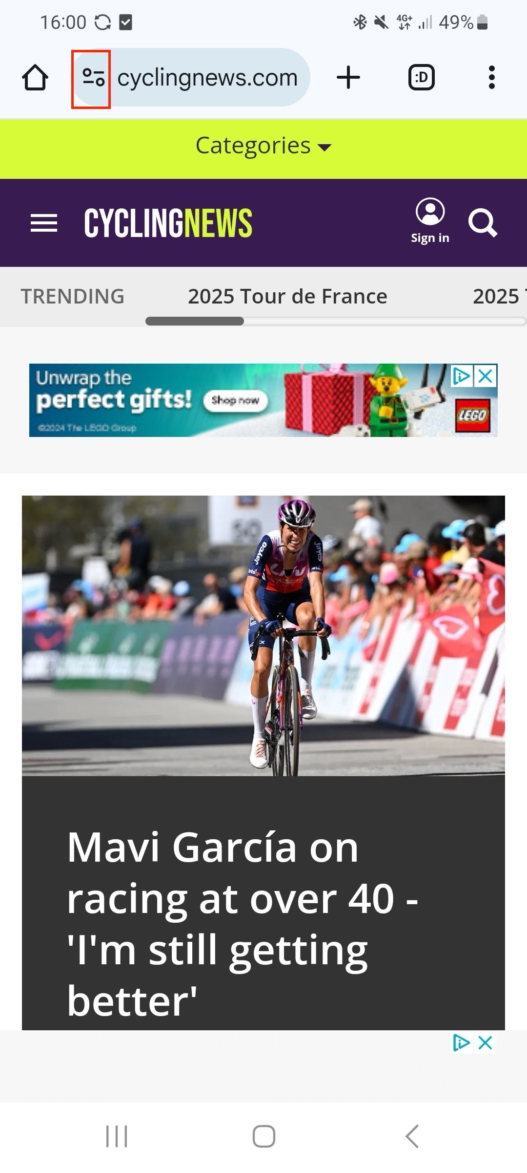 Tap on the Site information button to the left of the address bar