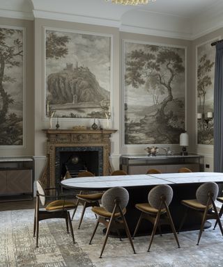 dining room with wallpapered panelling