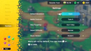 The settings menu in Super Mario RPG.