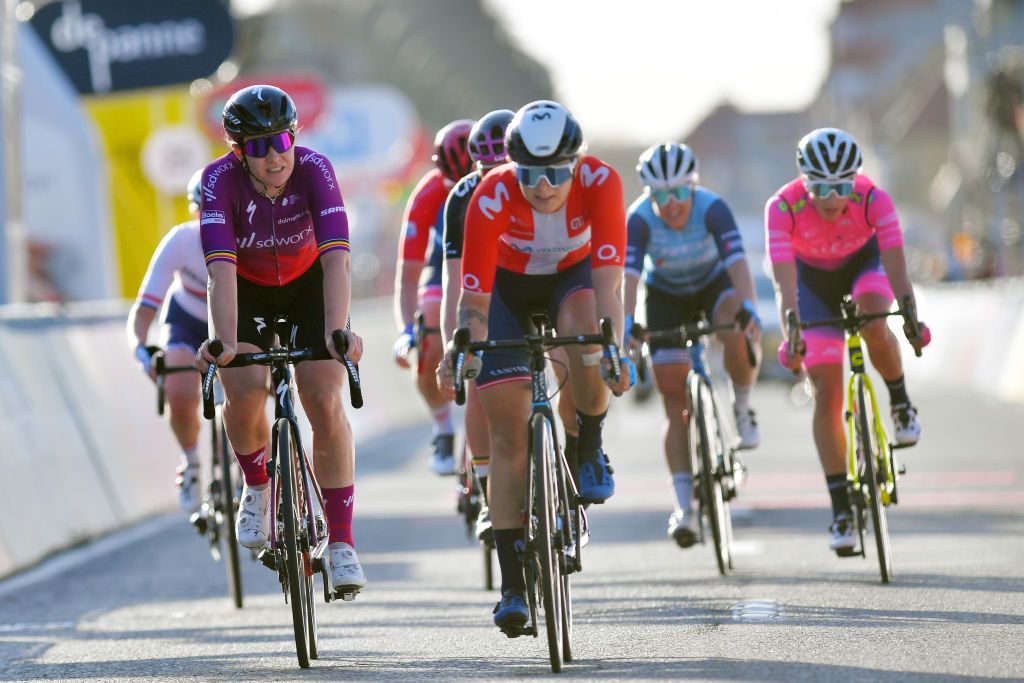 DE PANNE BELGIUM MARCH 25 Arrival Jolien Dhoore of Belgium and Team SD Worx Emma Norsgaard Jorgensen of Denmark and Movistar Team during the 4th Oxyclean Brugge De Panne 2021 Women Classic a 1588km race from Brugge to De Panne OxycleanClassic UCIWWT on March 25 2021 in De Panne Belgium Photo by Luc ClaessenGetty Images