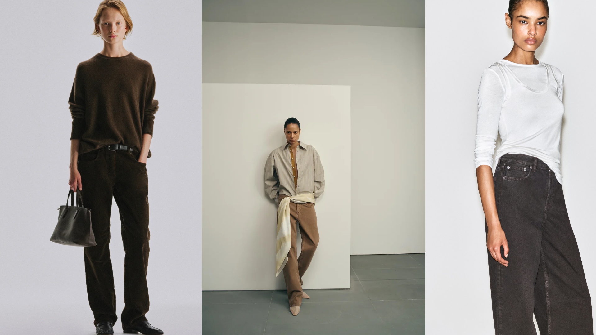 The Row, Kallmeyer, Cos models wearing brown denim