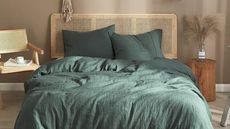 Prime Day Editors Picks: Ivellow Green Linen Duvet Cover King 100% Pure Washed French Flax Linen Duvet Cover in brown bedroom