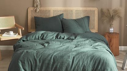 Prime Day Editors Picks: Ivellow Green Linen Duvet Cover King 100% Pure Washed French Flax Linen Duvet Cover in brown bedroom