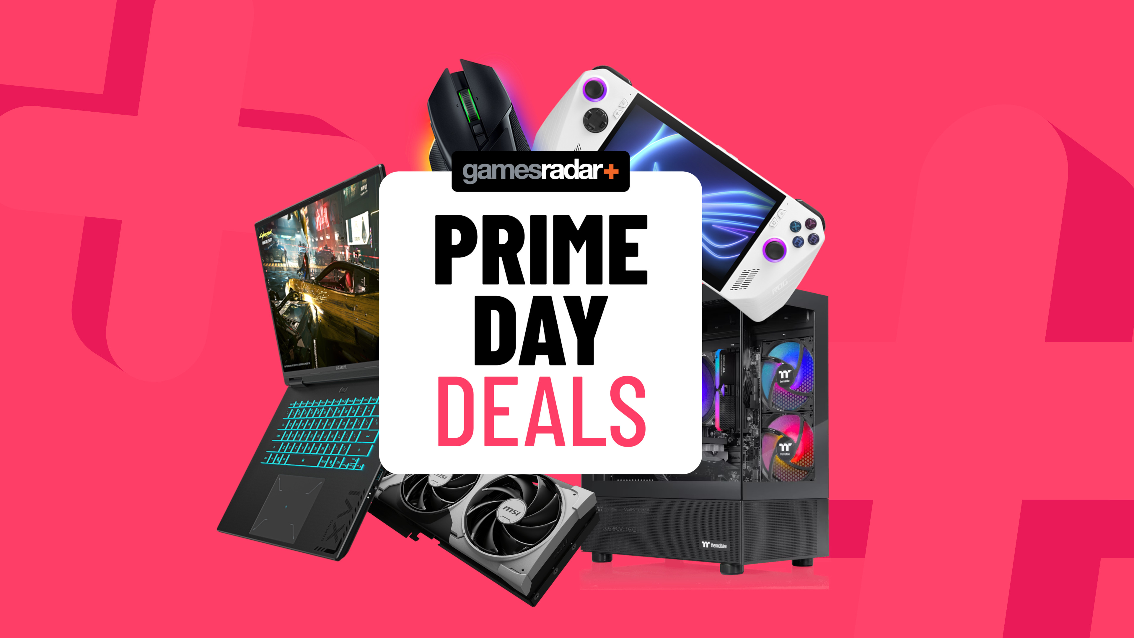 PC gaming rigs and accessories on a pink background with Prime Day deals badge