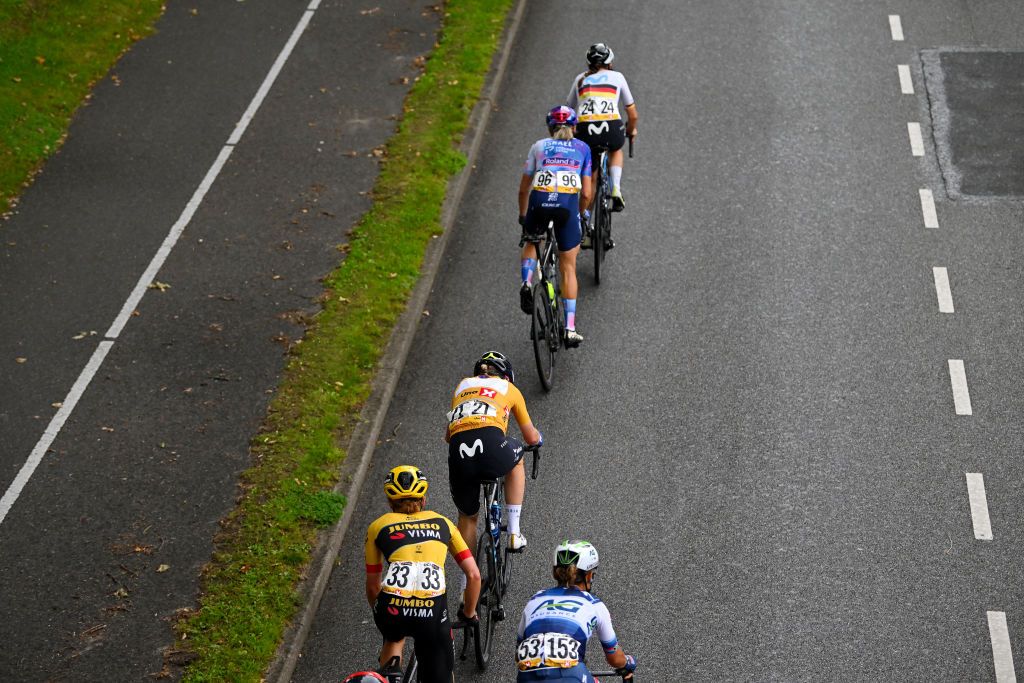 HADERSLEV DENMARK AUGUST 27 Detailed view of Amber Kraak of The Netherlands and Team JumboVisma Annemiek Van Vleuten of The Netherlands and Movistar Team Yellow Leader Jersey Claire Steels of Great Britain and Team Israel Premier Tech Roland and Liane Lippert of Germany and Movistar Team compete during the 9th Tour of Scandinavia 2023 Battle Of The North Stage 5 a 1439km stage from Middelfart to Haderslev UCIWWT on August 27 2023 in Haderslev Denmark Photo by Luc ClaessenGetty Images