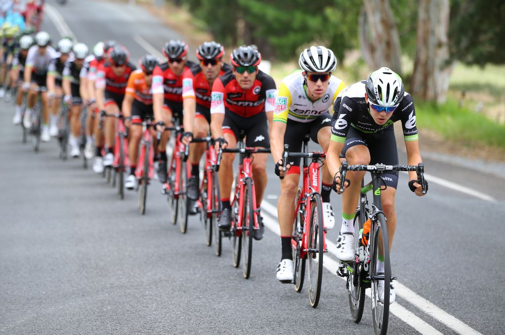 Ben O'Connor (Dimension Data) on the front of the peloton