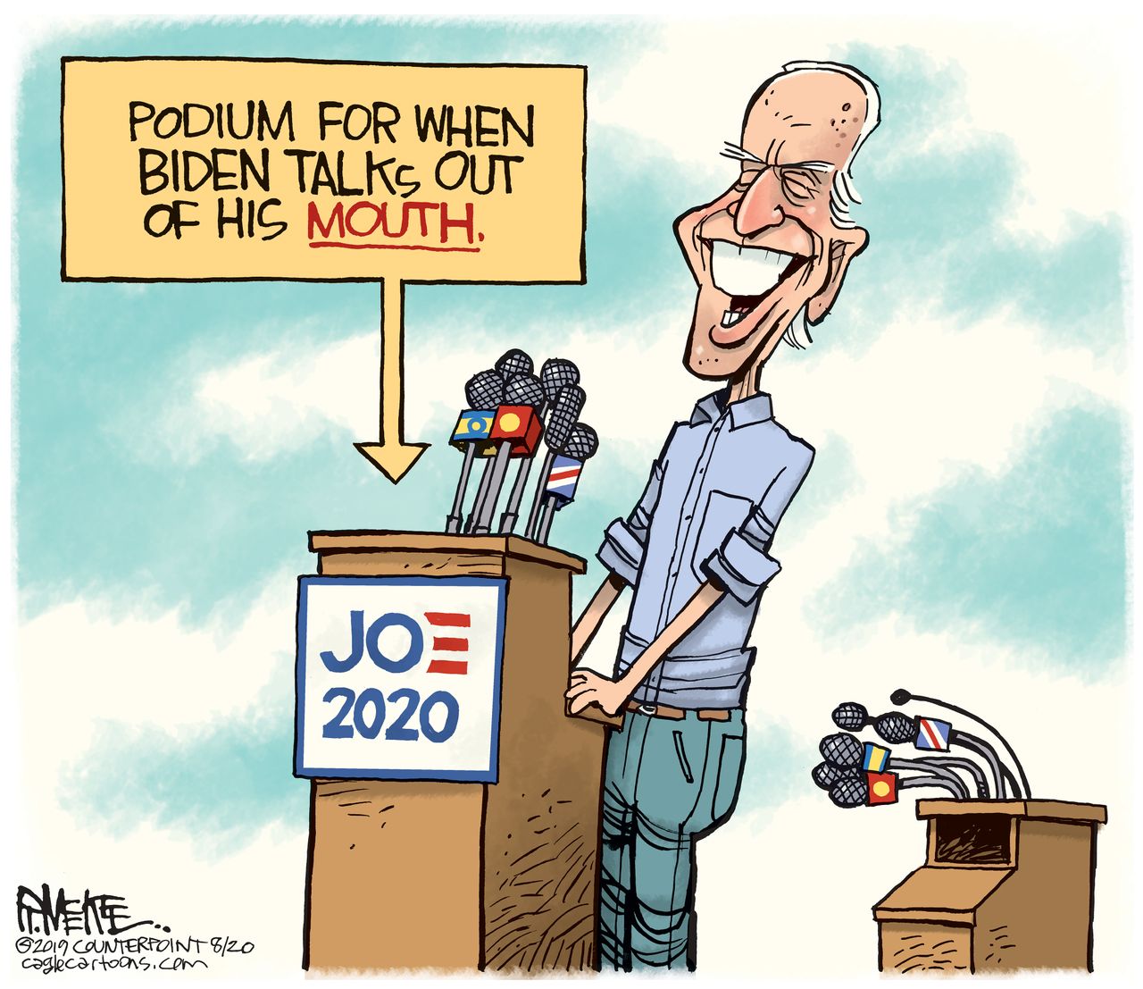 Political Cartoon Biden Talks Out Of Mouth Podium Gaffe Campaign Trail