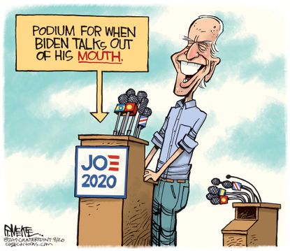 Political Cartoon Biden Talks Out Of Mouth Podium Gaffe Campaign Trail