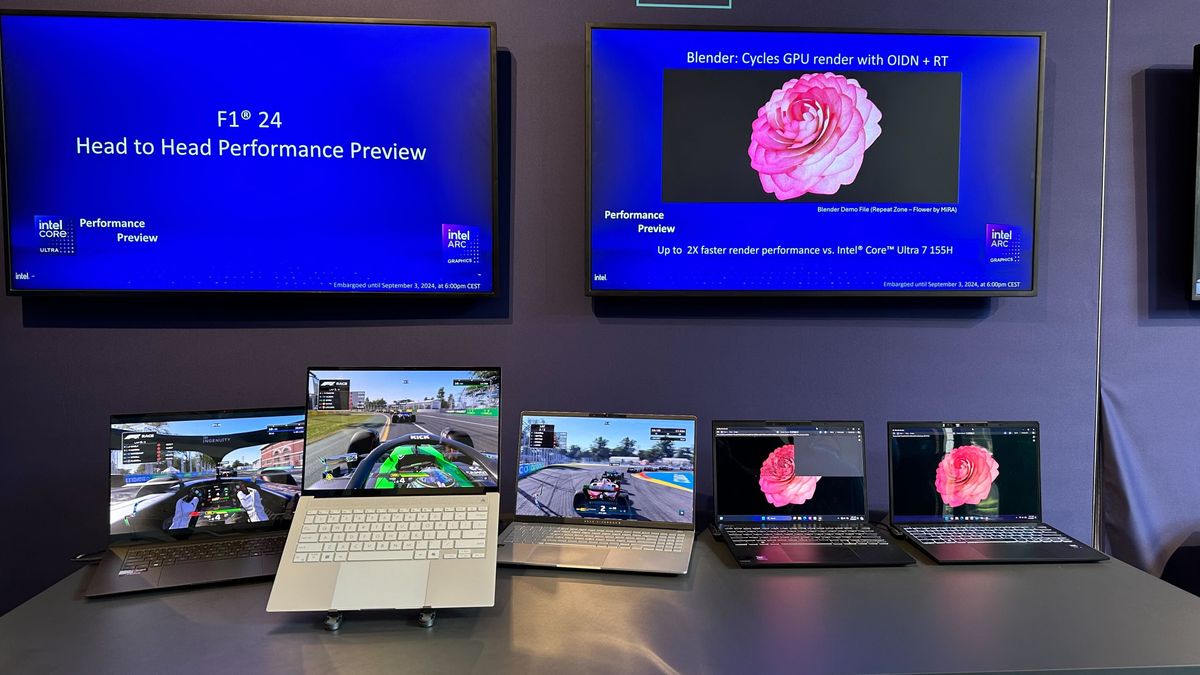 Intel Lunar Lake gaming demo, showing F1 on AMD, Intel, and Qualcomm laptops
