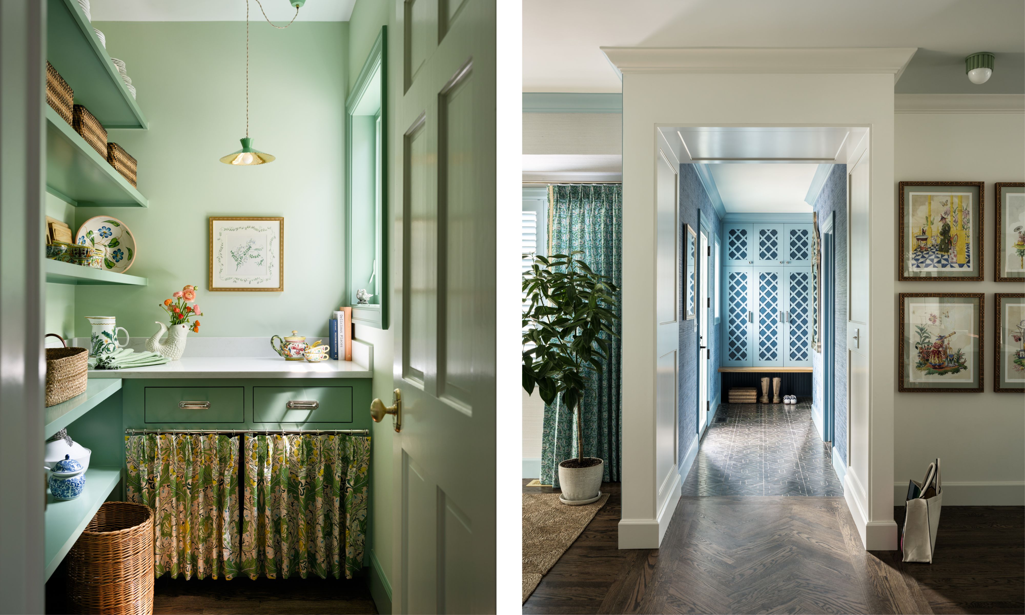 two side by side images of a pale green pantry and a view through to a blue mudroom with lattice style cabinetry