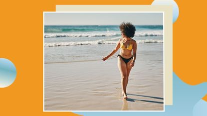 image of woman walking on beach wearing bikini with orange and blue template around it