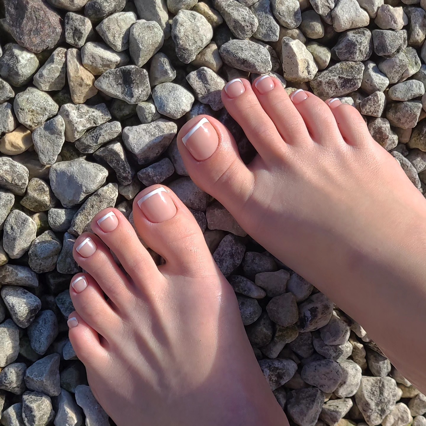 Photo of a French pedicure on a rocky beach