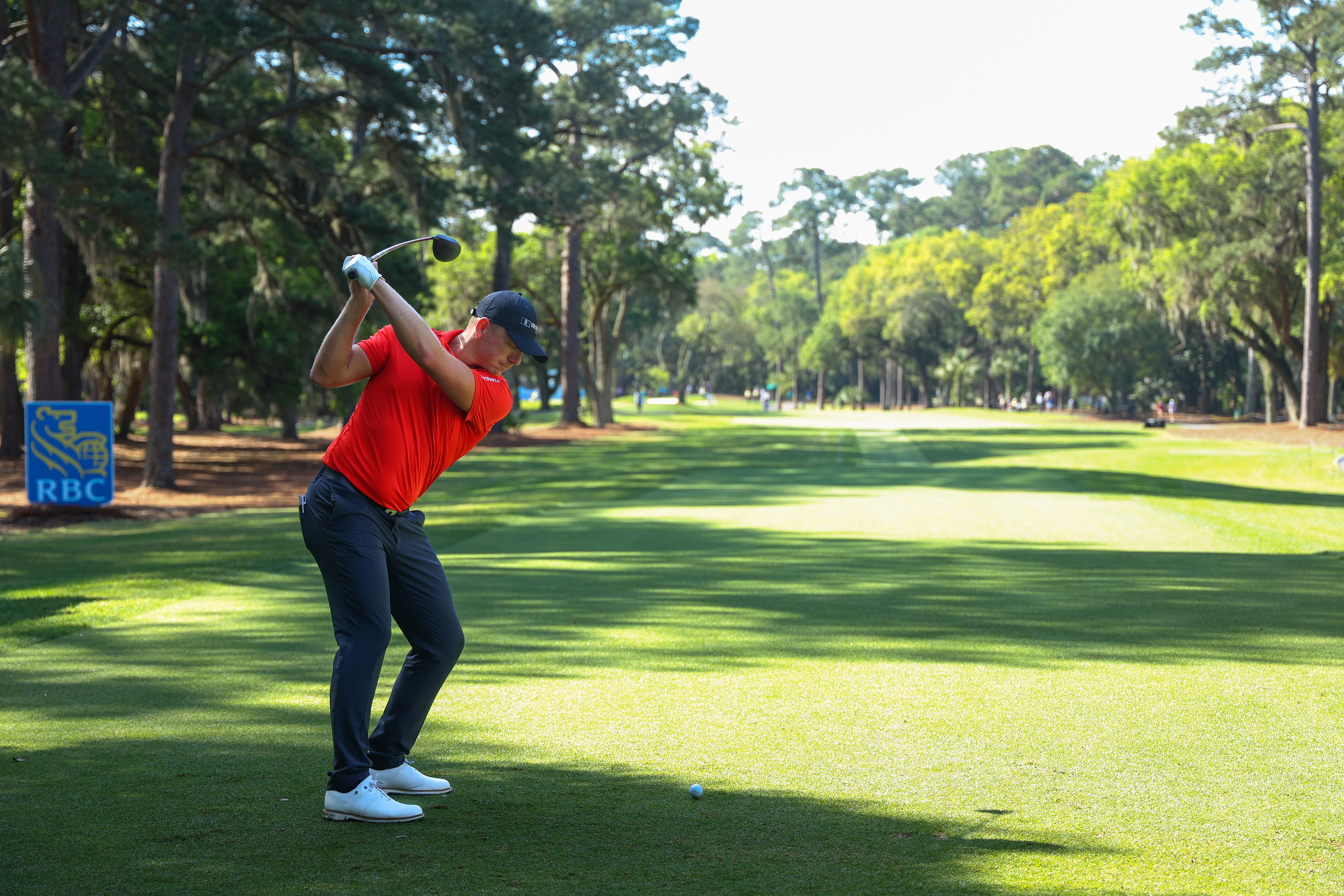 Matt Wallace plays his shot from the 11th tee during the second round of the RBC Heritage at Harbour Town Golf Links