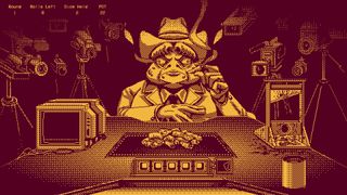 A demonic toad-man wearing a cowboy hat smokes a cigar opposite a gaming table with a pile of severed fingers in its centre.