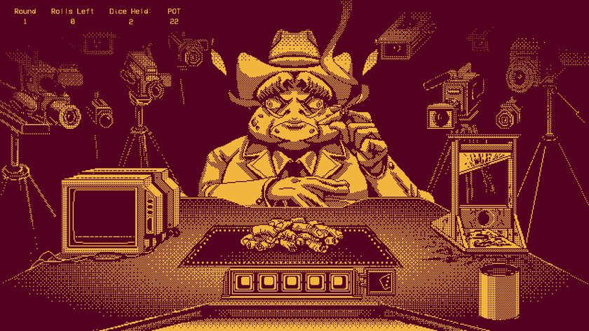 A demonic toad-man wearing a cowboy hat smokes a cigar opposite a gaming table with a pile of severed fingers in its centre.