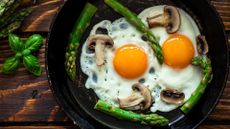 Fried eggs and mushrooms in a small cast iron pan, representing the foods rich in vitamin D