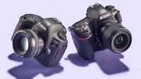 Product image of the Canon EOS 5D Mark IV and Nikon D850 on a purple background 