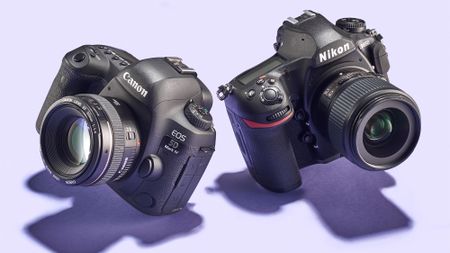 Product image of the Canon EOS 5D Mark IV and Nikon D850 on a purple background 