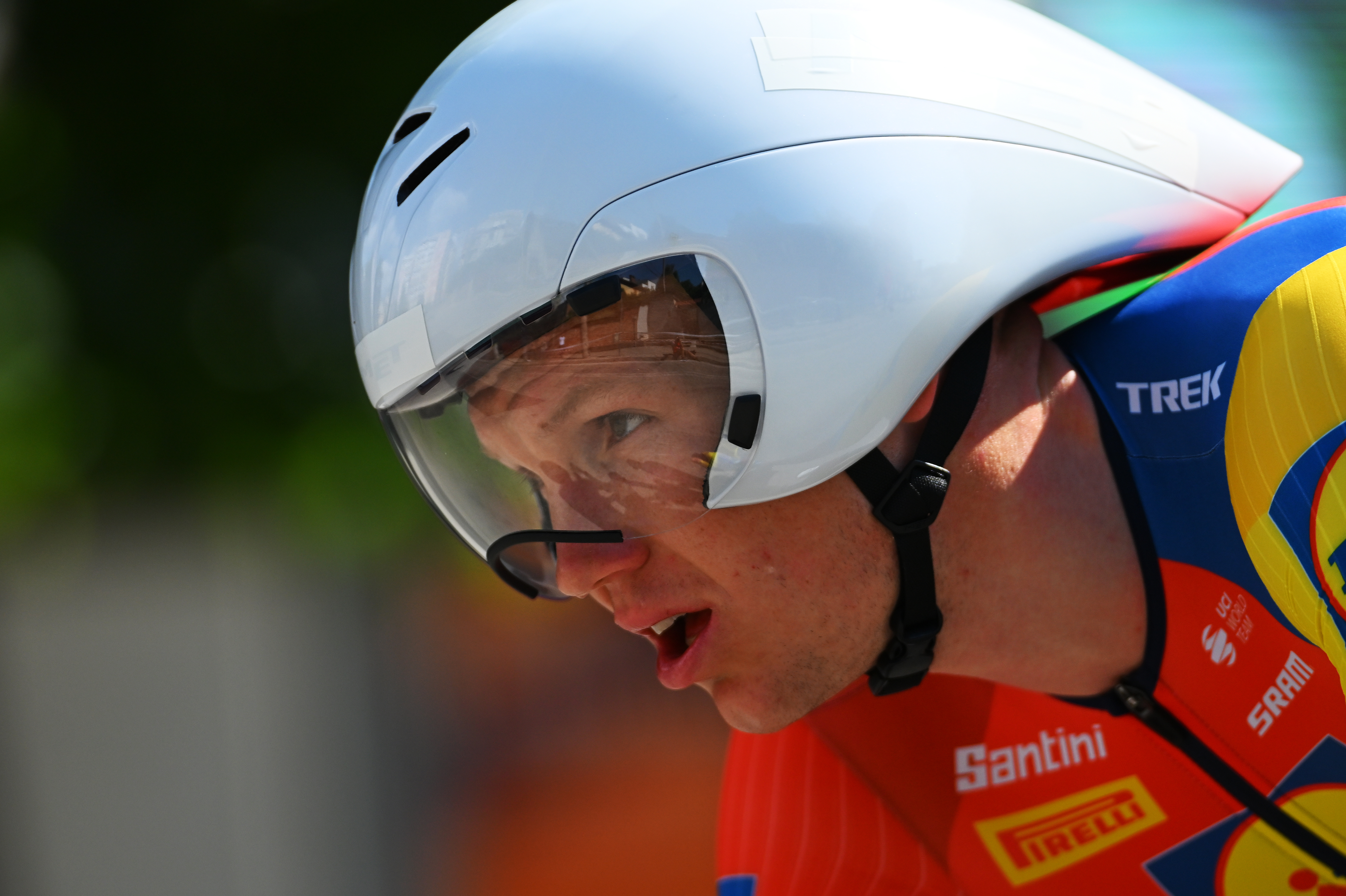 A Lidl-Trek rider in an unbranded MET helmet