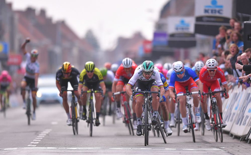 Peter Sagan, Elia Viviani and Arnaud Demare sprint for the line at Gent-Wevelgem 2018