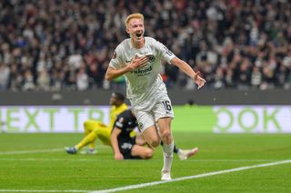 FRANKFURT AM MAIN, GERMANY - OCTOBER 24: Hugo Larsson of Eintracht Frankfurt celebrates after scoring his team’s first goal during the UEFA Europa League 2024/25 League Phase MD3 match between Eintracht Frankfurt and Rigas FS at on October 24, 2024 in Frankfurt am Main, Germany. (Photo by Christian Kaspar-Bartke/Getty Images)