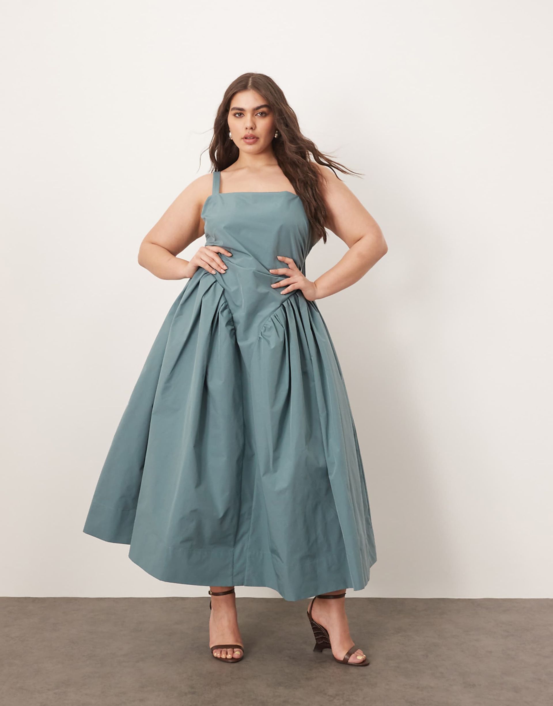 Arrange Curve Strappy Ruched Bodice Full Skirt Maxi Dress in Dusky Blue