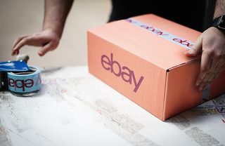 An eBay delivery parcel is prepared for shipping at an eBay seller warehouse