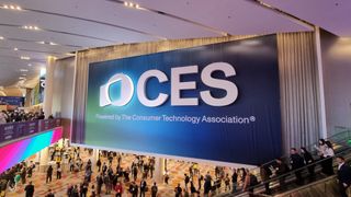 The CES 2025 logo, in the lobby of the Venetian Suites conference facility at the 2025 show with the crowds below.