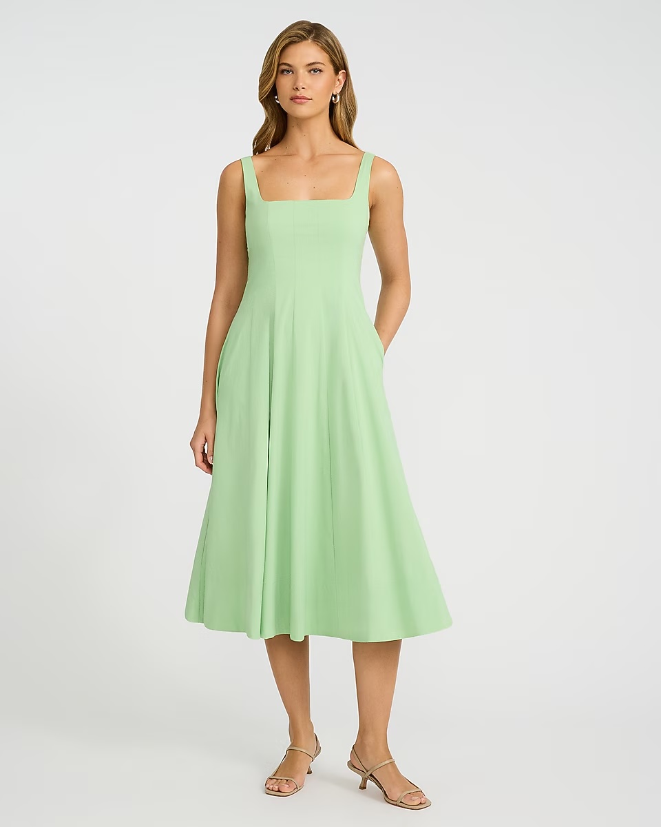 Express, Square Neck Seamed Smocked Back Midi Dress with Pockets