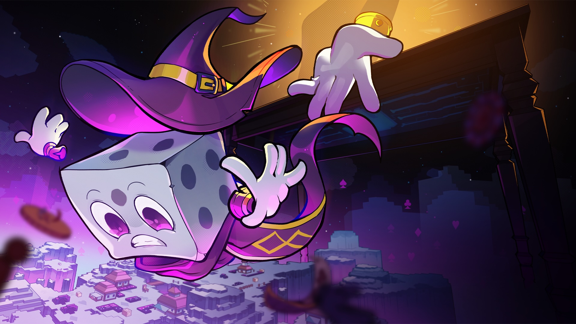 A die dressed in wizard robes falls through the sky.