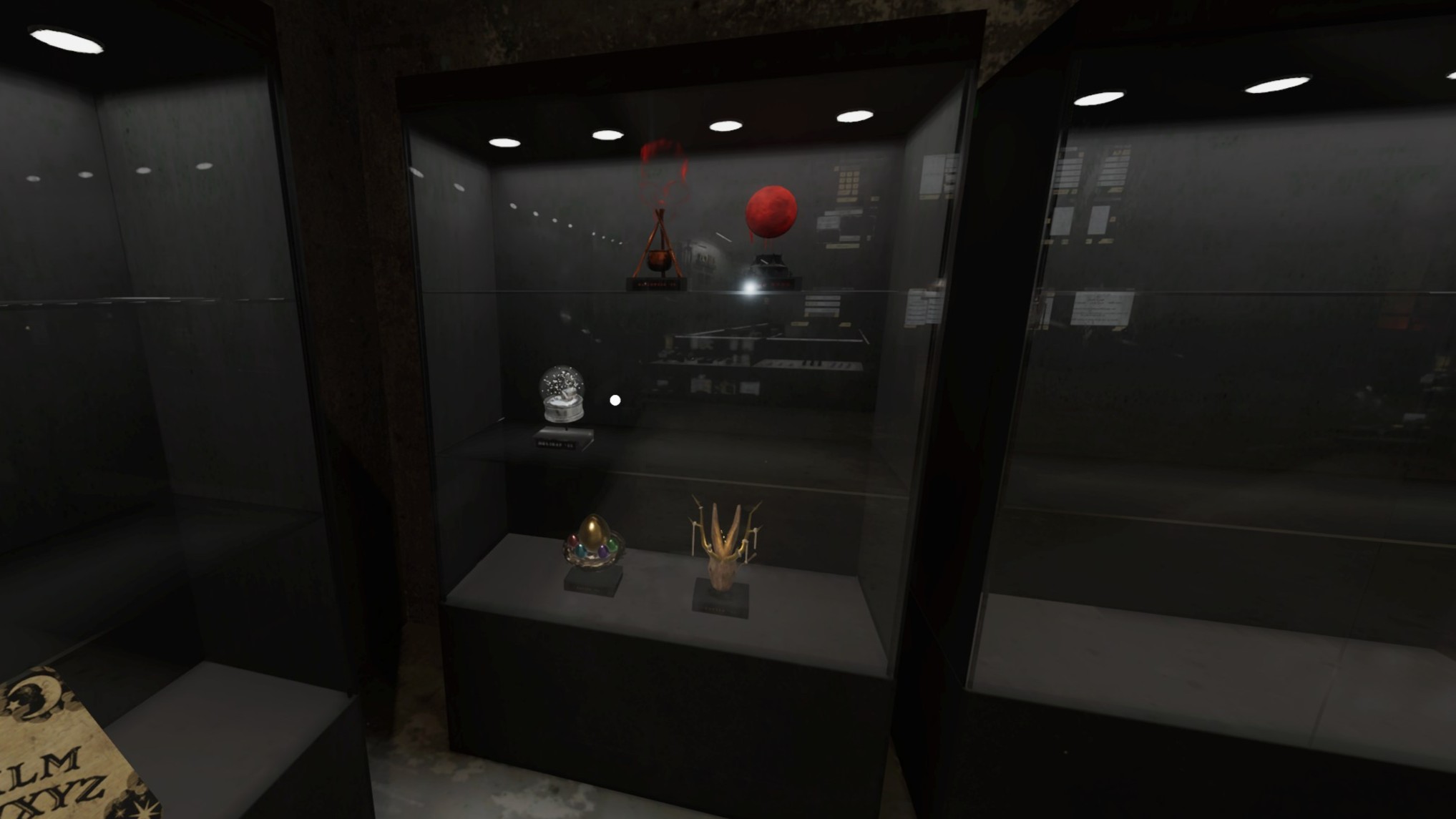 The Phasmophobia in-game trophy cabinet. The cabinet here has several empty slots, with a few trophies filled in for the Blood Moon, Jackalope, and Winter&#39;s Jest events.