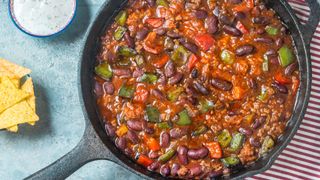 Kidney beans in chili in cast iron pan