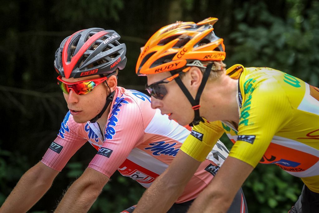 Hermann Pernsteiner (Amplatz - BMC) chats with race leader Jan Hirt (CCC Sprandi Polkowice)