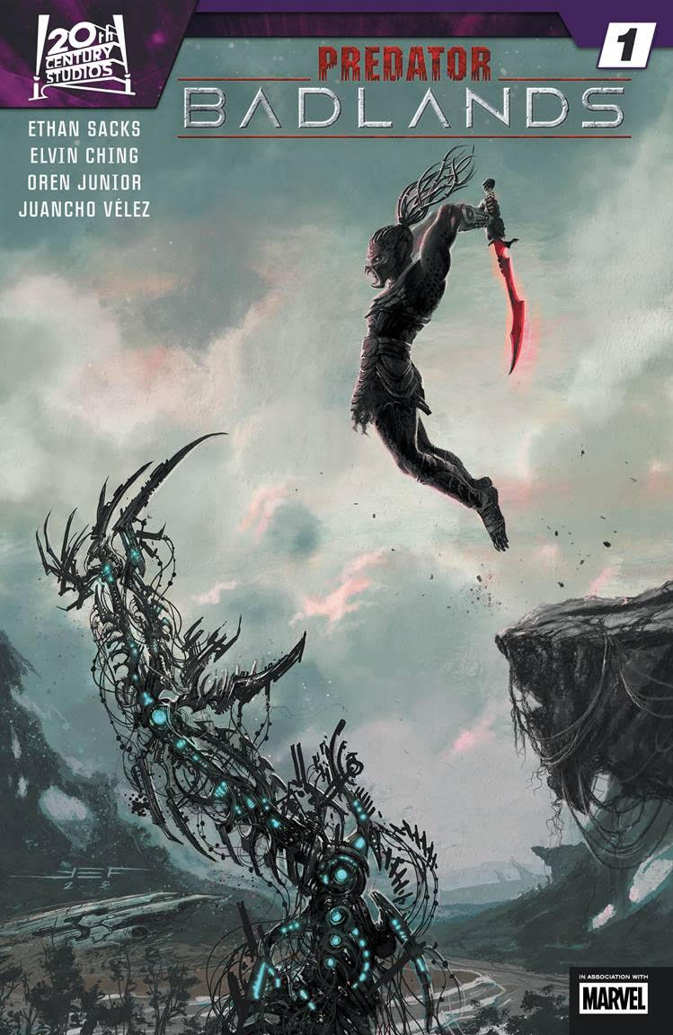 the cover of a sci-fi comic book featuring a leaping alien warrior