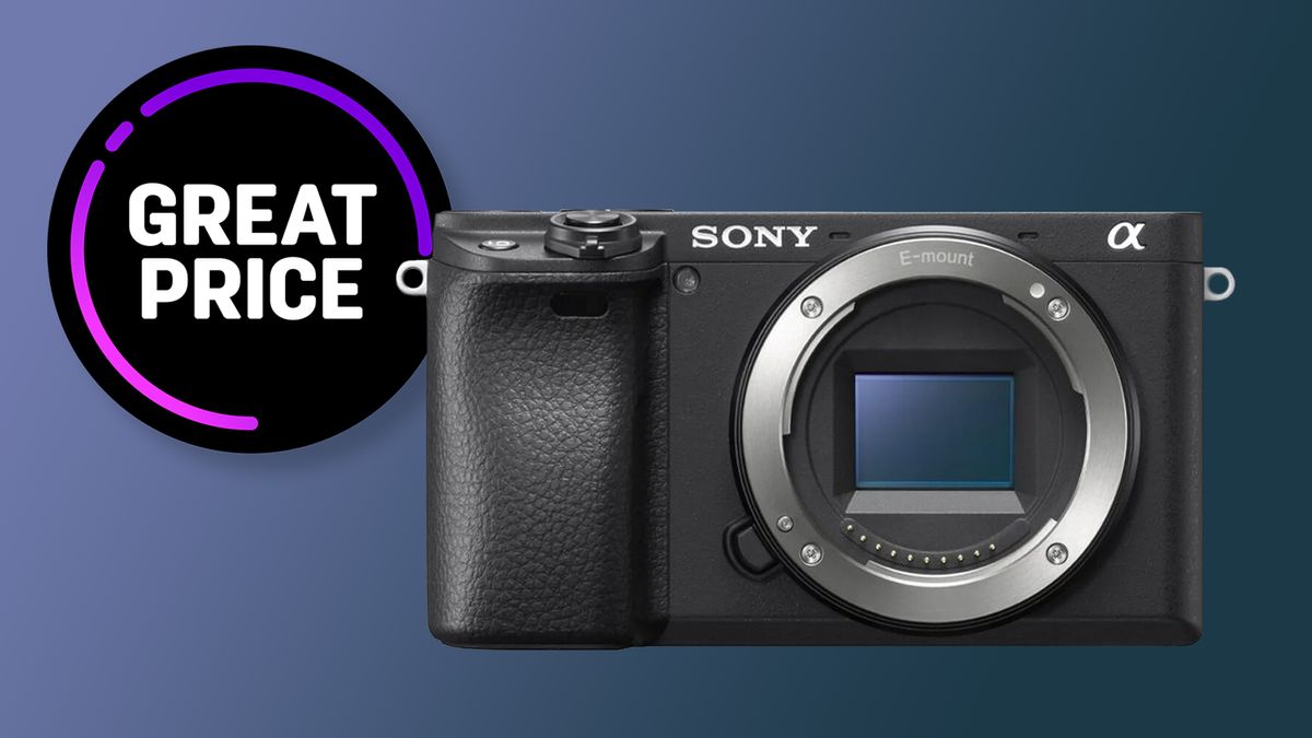 Sony A6400 against an indigo background with the text &quot;Great price&quot;