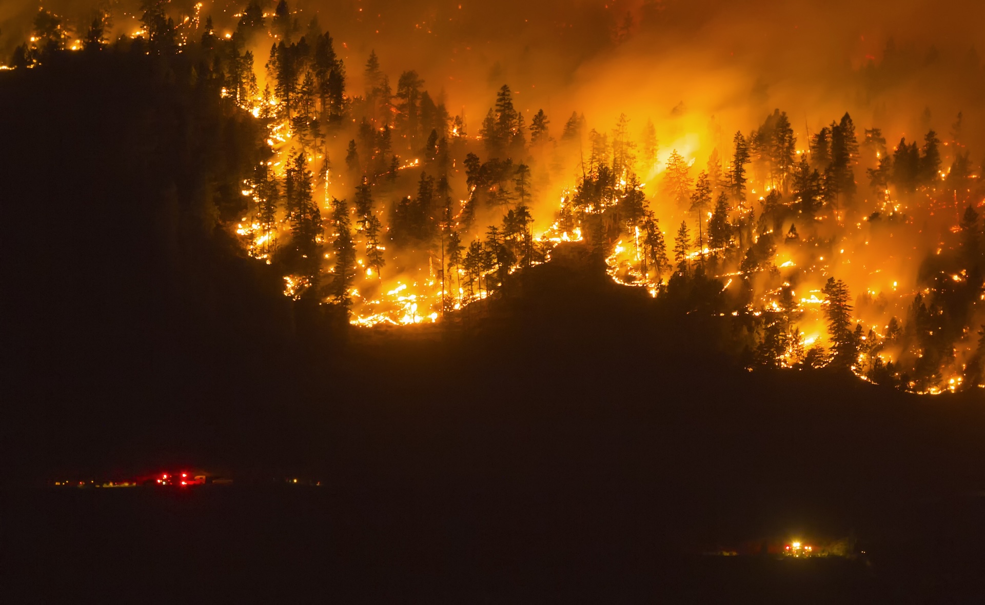 aerial shot of a wildfire raging