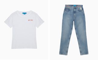 Two images, Left- White T-shirt, Right- Blue jeans