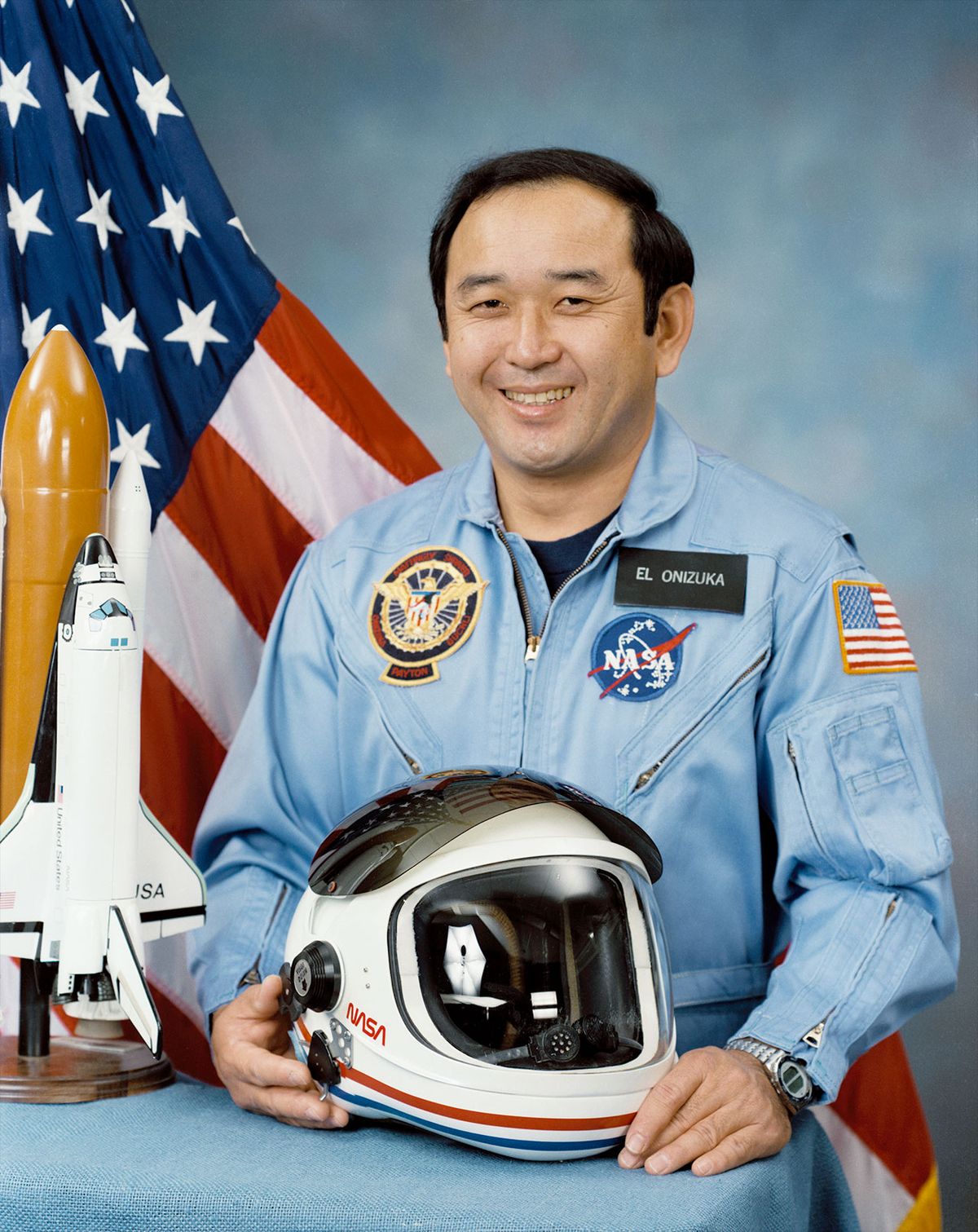 NASA portrait of mission specialist Ellison Onizuka, the first Asian-American astronaut to reach space and a member of space shuttle Challenger's STS-51L fallen crew.