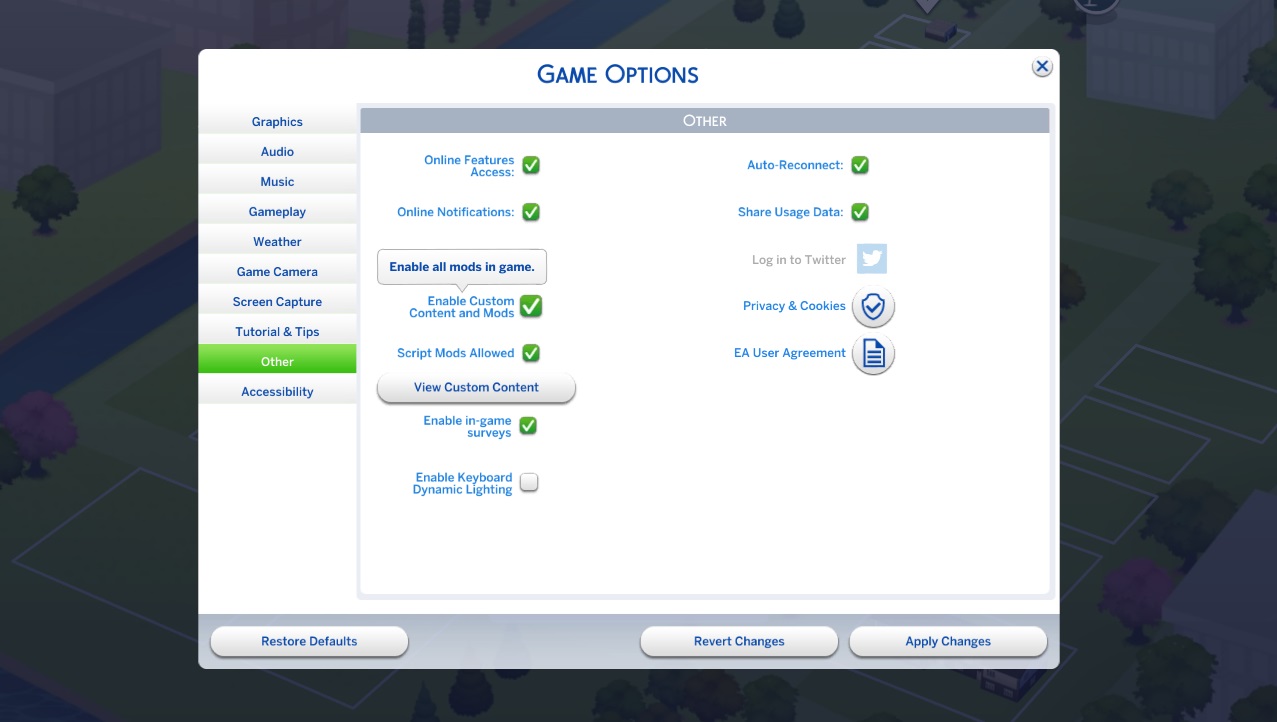 The Sims 4 Options menu under the Miscellaneous tab. There's a checkbox to enable custom content, and a checkbox to enable scripting modules halfway through the menu page.