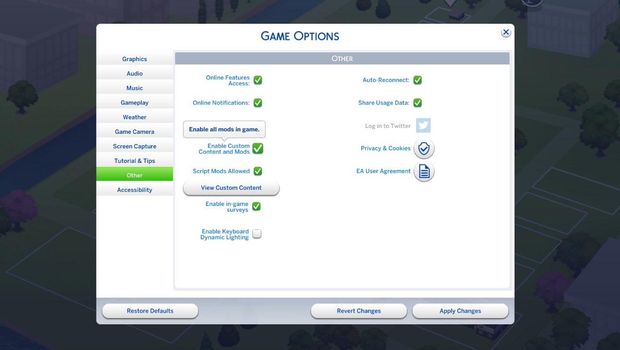 Menu Opsi Sims 4 di bawah tab Lainnya.  Ada kotak centang untuk mengaktifkan konten khusus dan juga kotak centang untuk mengaktifkan mod skrip sekitar setengah halaman menu.