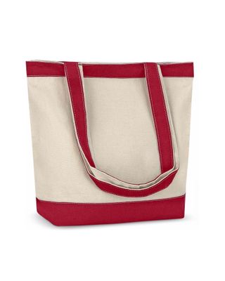 beige and red canvas tote bag