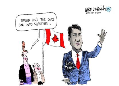 Political Cartoon World Justin Trudeau brownface scandal Trump sharpies