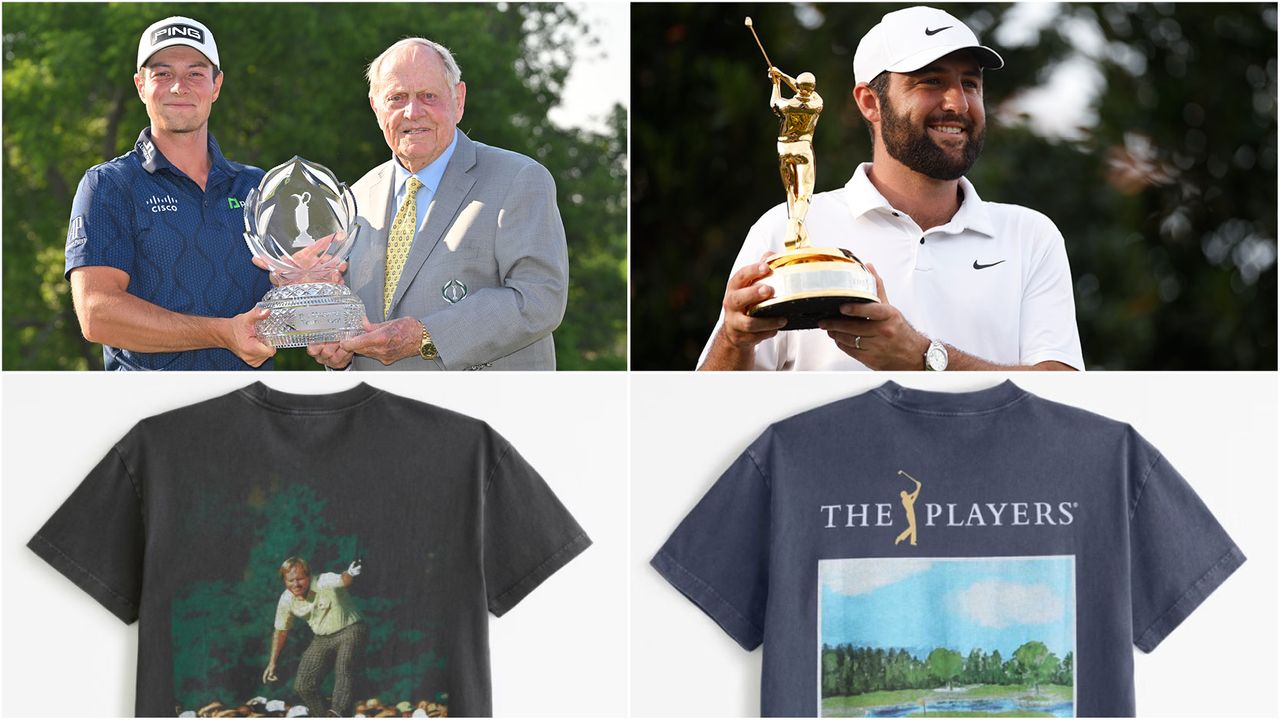 Viktor Hovland and Jack Nicklaus hold the Memoria Tournament trophy, whilst Scottie Scheffler holds The Players Championship trophy