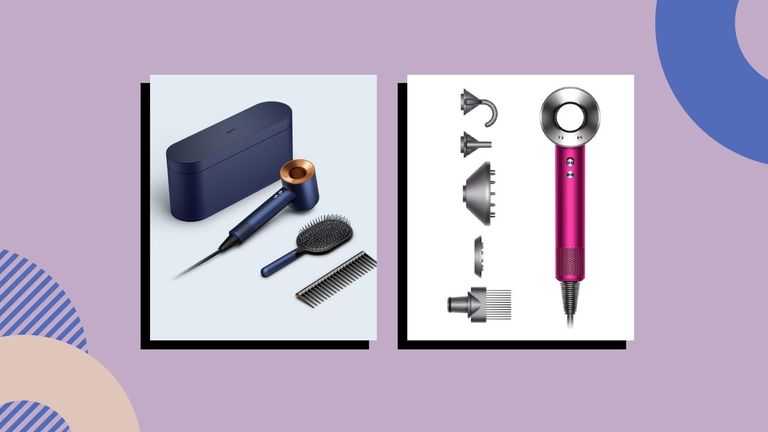 collage of two black friday dyson hair dryer deals on the supersonic hair dryer with a purple background