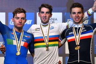 Kevin Ledanois (France) wears the rainbow jersey after winning the U23 men's road race