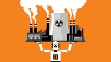 A robot holding a power plant above its head.