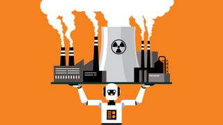 A robot holding a power plant above its head.